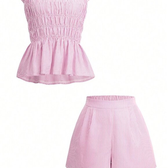 Pink Boho Womens Tropical Beach strapless Striped Bandeau Top And Shorts Set - Picture 10 of 11